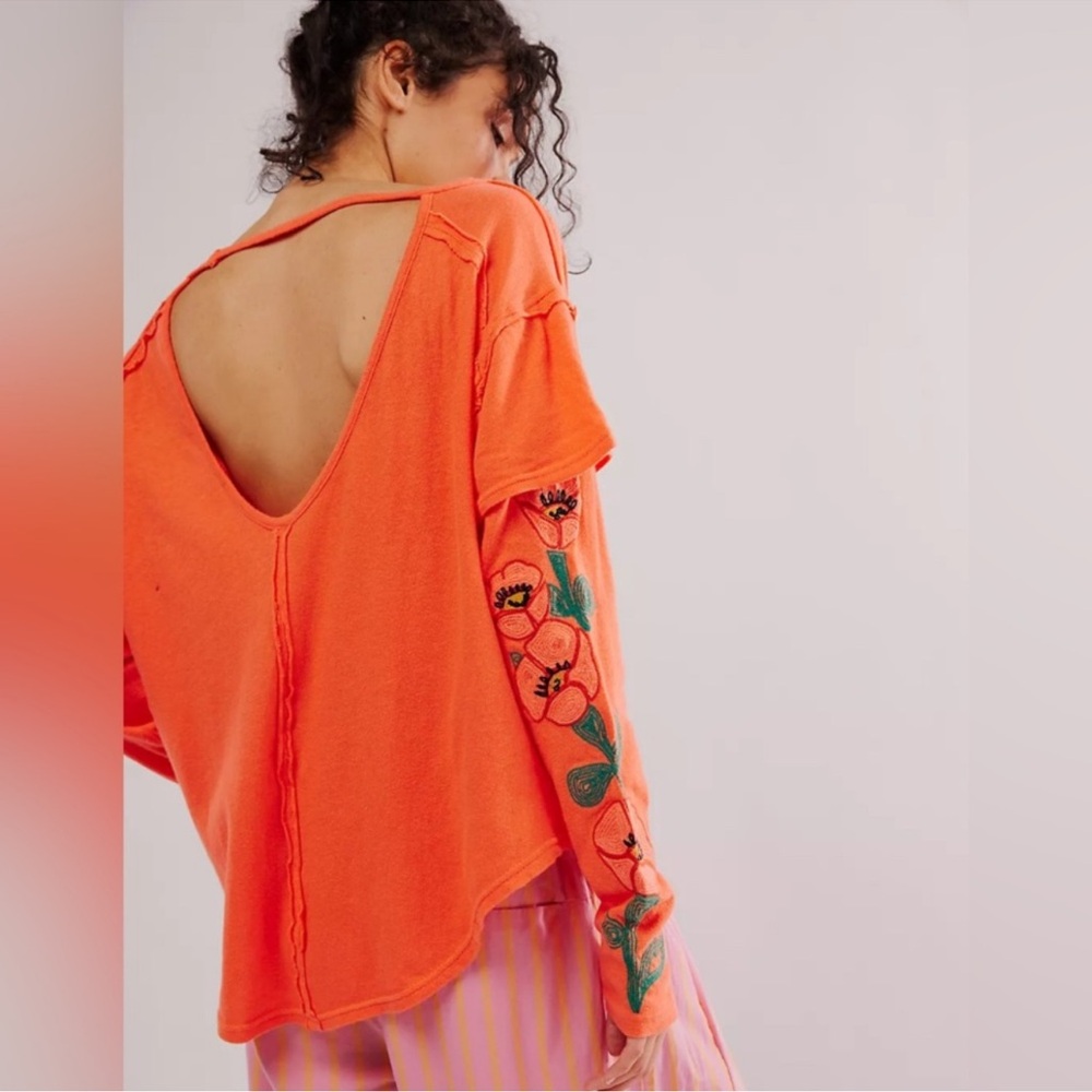 Free People Not Your Poppys Long-Sleeve Embroidered Orange Tee XS & Small - Picture 4 of 8